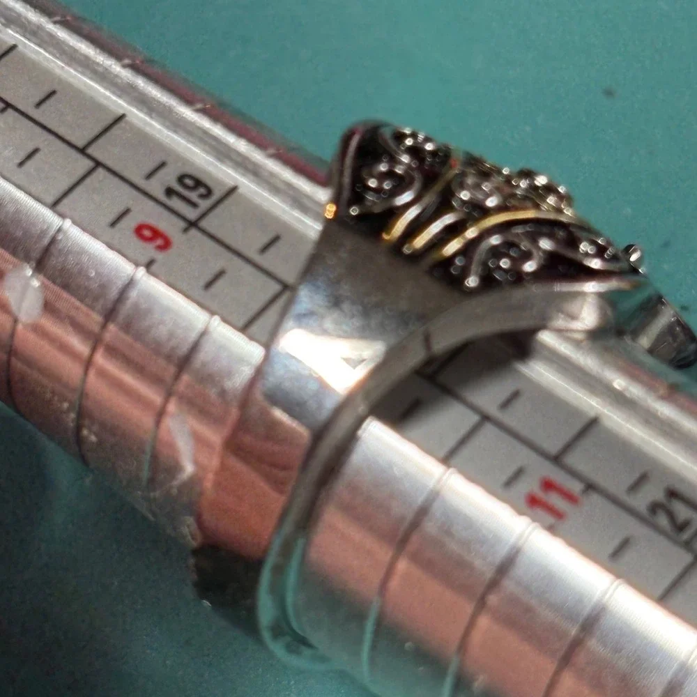 Mens Two Tone Filigree Scroll Black Onyx Statement Ring Size 10.5 Gothic Biker